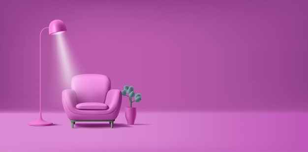 Ilustración 3d de sillón con lámpara y planta para el hogar interior púrpura diseño monocromático moderno