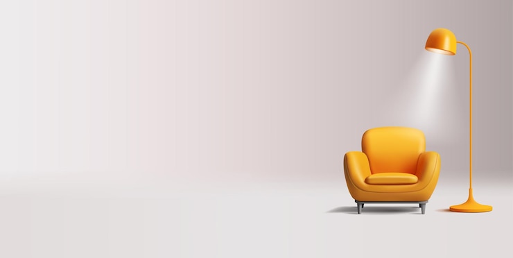 Vector ilustración 3d de sillón con lámpara y rayo de luces diseño interior moderno amarillo