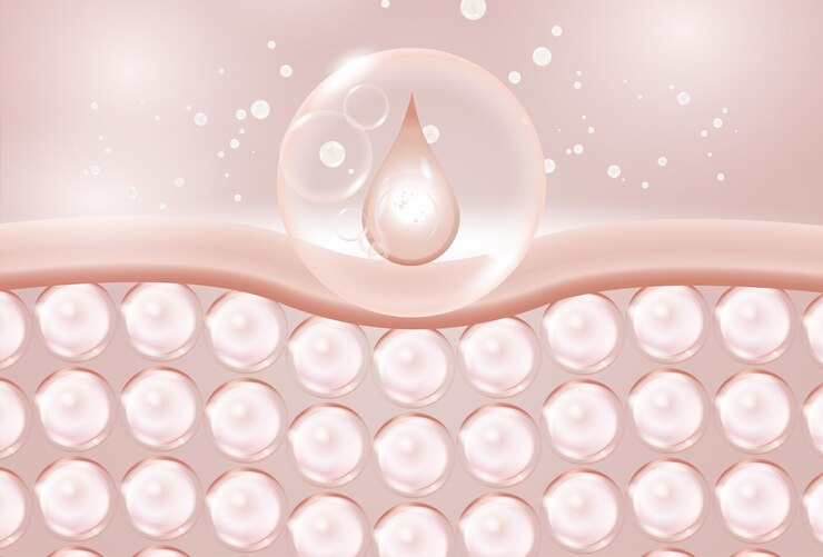 Vector ilustración 3d del suero de colágeno para la piel y las vitaminas en cosméticos para el cuidado de la piel de fondo de color suave