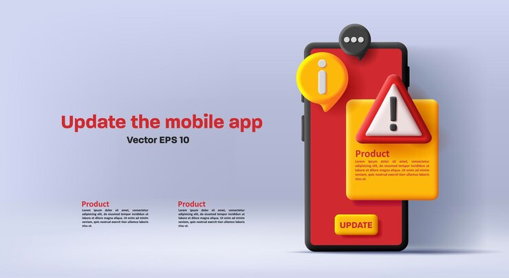 Vector ilustración 3d de un teléfono inteligente con un mensaje de error de advertencia emergente de la pantalla
