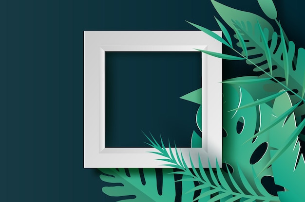 Ilustración 3d de tendencias Hojas y plantas de palmeras tropicales de verano. Corte de papel digital y artesanía Origami estilo hawaiano espacio de verano para texto. Gráfico verde oscuro verano temporada floral background.vector