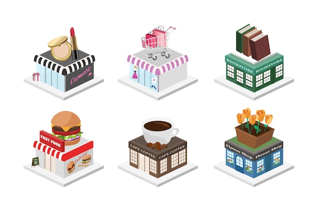 Ilustración 3d de tienda de cosméticos librería tienda de moda restaurante cafetería y floristería