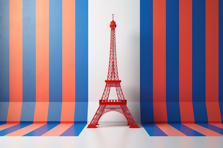 Vector ilustración en 3d de la torre eiffel fondo minimalista con rayas rojas, blancas y azules estilo isométrico colores vibrantes blanco claro suave fondo ar 32 id de trabajo 9ec9a09a4fa74478b53ee8c8b54f9480