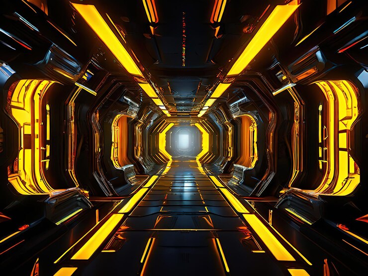 Vector ilustración 3d del túnel de ciencia ficción futurista con luces 4k uhd