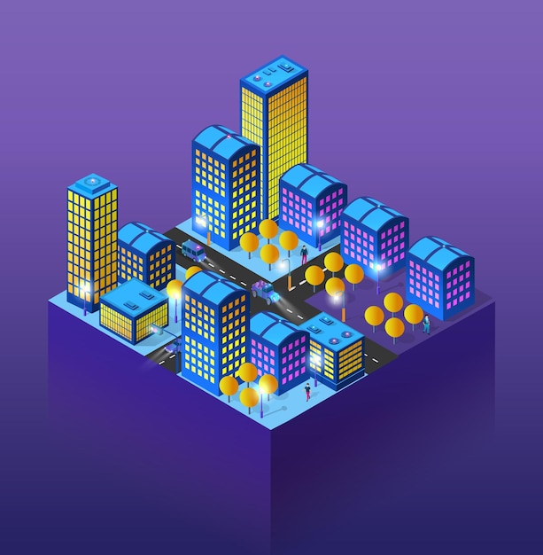 Ilustración 3D urbana de la ciudad nocturna de neón