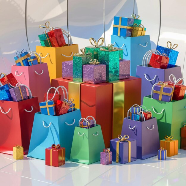 Vector ilustración 3d de varias bolsas de compras y enormes cajas de regalos