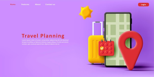 Ilustración 3d de viaje con teléfono inteligente y maleta con calendario y etiqueta geográfica con sol
