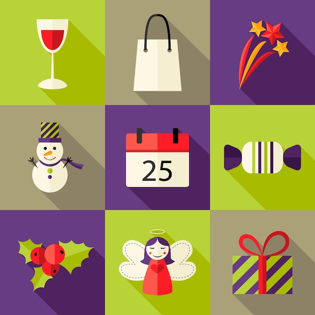 Ilustración de 9 iconos planos de navidad set 5