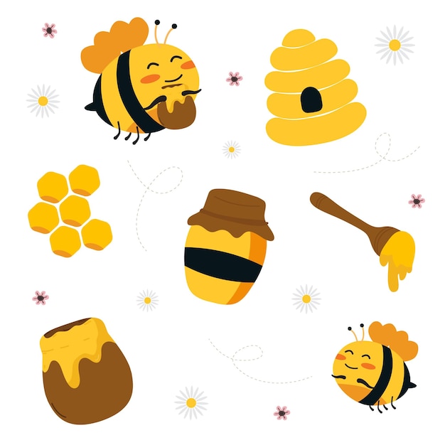 ilustración, abeja, caricatura, conjunto, panal, miel, aislado, plano de fondo, vector
