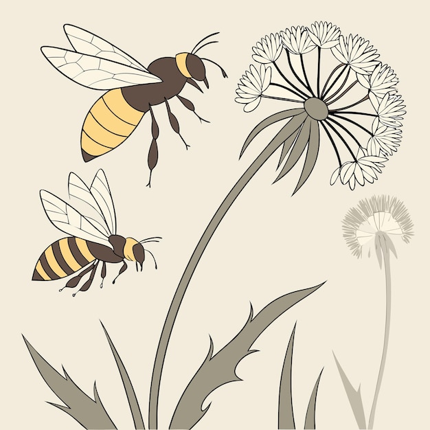 Ilustración de la abeja y las flores