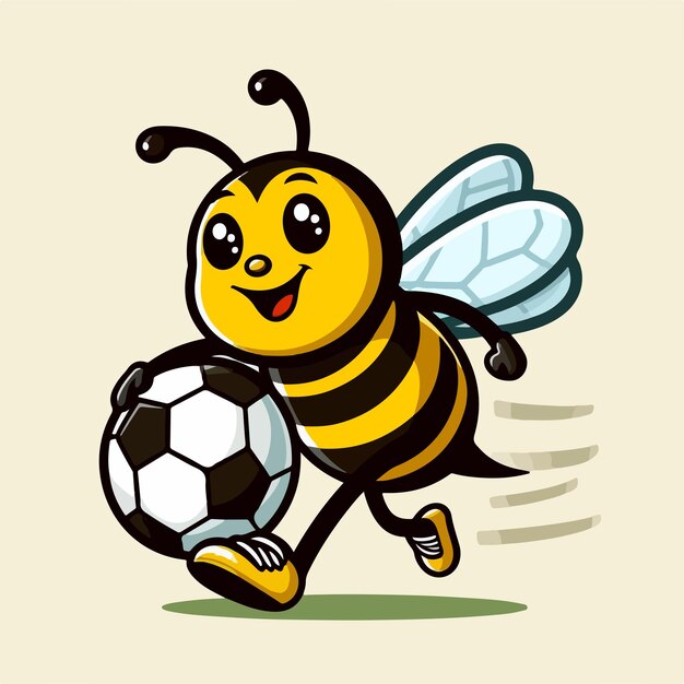 Vector ilustración de una abeja jugando a la pelota con un estilo plano de dibujos animados y concepto de mascota