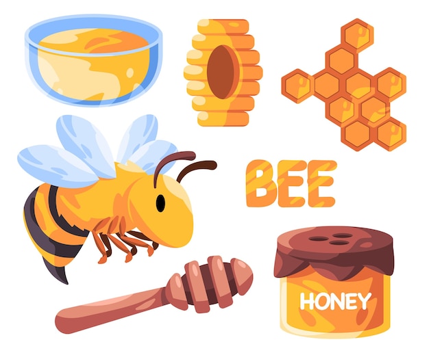 Ilustración de abeja de miel juego de dibujo caricatura de jarro de cuchara de panal de miel