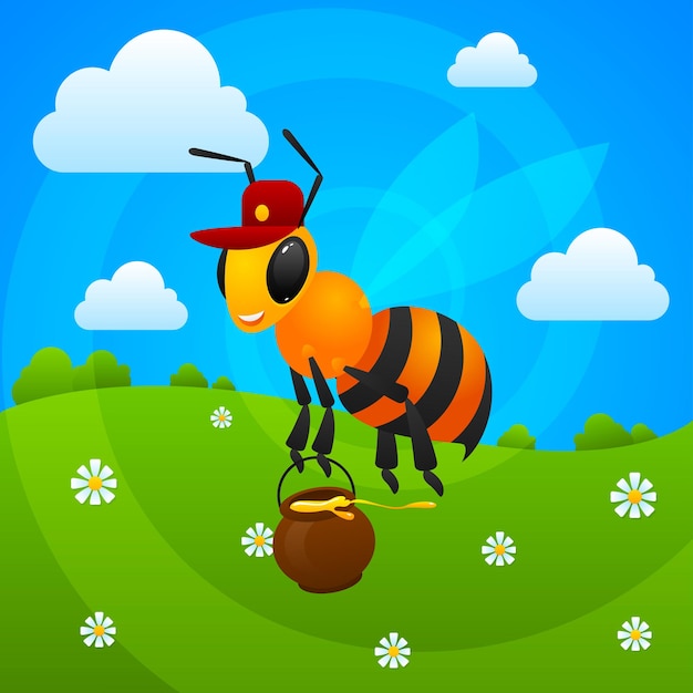 Vector ilustración, abeja de verano tiene tarro con miel, formato eps 10