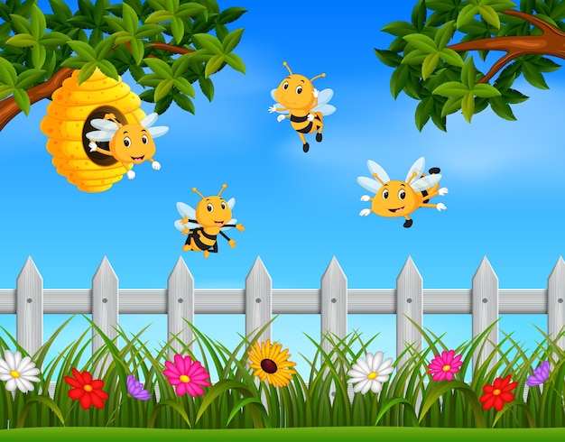 Ilustración de abeja volando alrededor de una colmena en el jardín