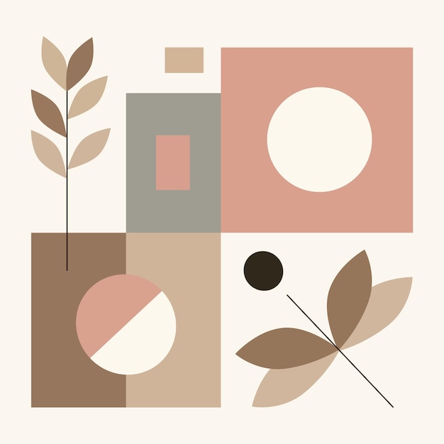 Ilustración abstracta con algunos rectángulos ramas frondosas y círculos