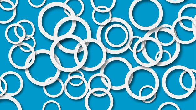 Ilustración abstracta de anillos blancos dispuestos al azar con sombras suaves sobre fondo azul claro