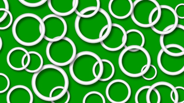 Ilustración abstracta de anillos blancos dispuestos al azar con sombras suaves sobre fondo verde