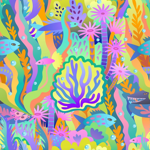 Ilustración abstracta de arrecife de coral patrón colorido sin costuras con neón y colores brillantes psicodélicos