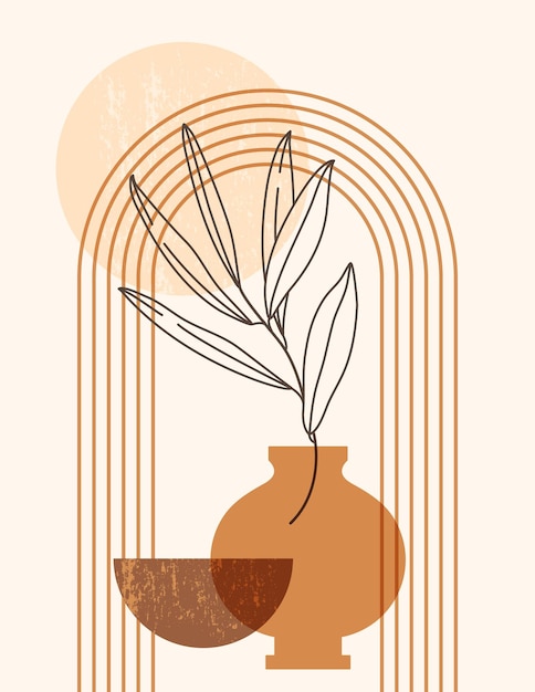 Ilustración abstracta de boho con arco, jarrón y sol en estilo minimalista de moda. vector de fondo contemporáneo en colores terracota para carteles de arte de pared, impresión de camisetas, portada, publicación en redes sociales