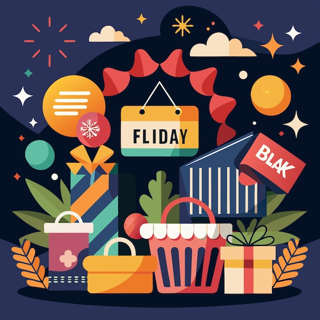 Ilustración abstracta colorida para las compras del Viernes Negro con cestas de compras de regalos estrellas y nubes