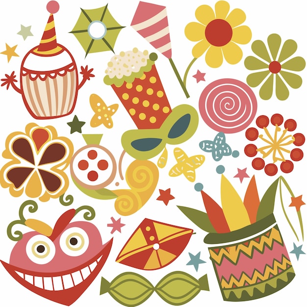 Ilustración abstracta colorida de objetos de fiesta caprichosos