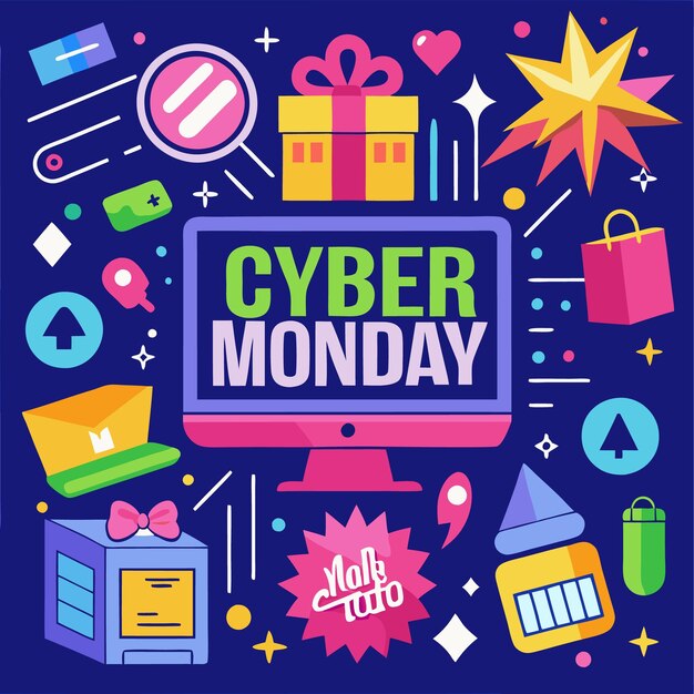 Ilustración abstracta colorida de una pantalla de computadora con Cyber Monday escrito en ella rodeado de varios símbolos de compras