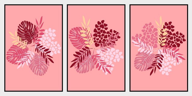 Ilustración abstracta de cuatro flores diferentes sobre un fondo rosa
