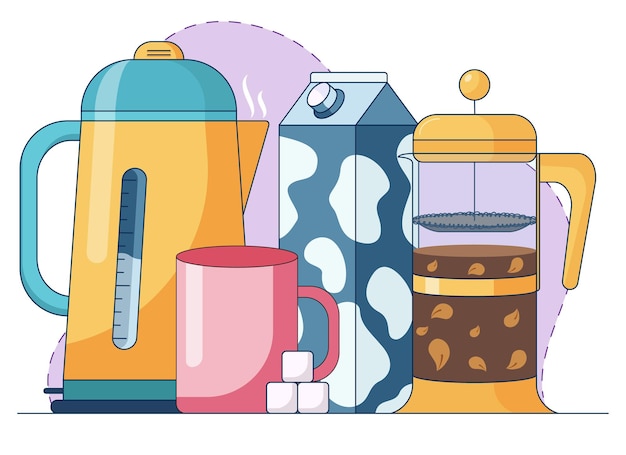 Ilustración abstracta de dibujos animados de hacer té de hierbas con leche azucarada y frenchpress con hojas