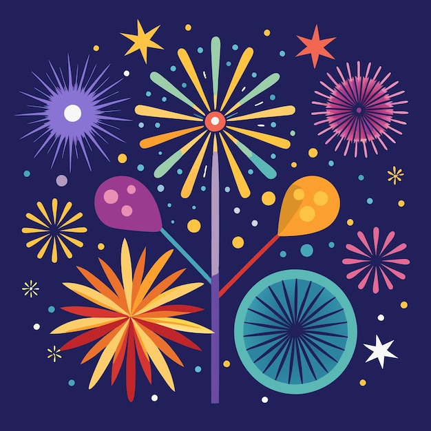 Ilustración abstracta de fuegos artificiales coloridos contra un fondo azul oscuro