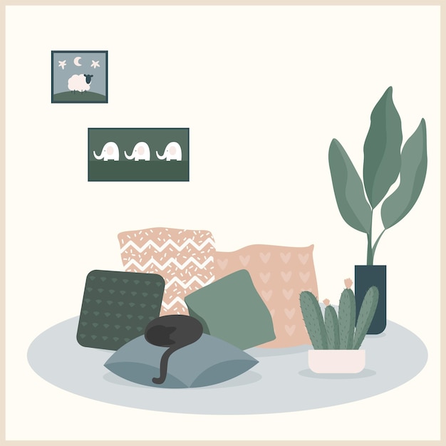 Ilustración abstracta hecha a mano de gato, almohada y planta