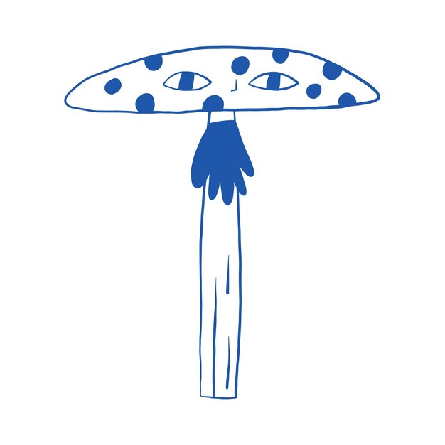 Ilustración abstracta de hongo azul con ojos y puntos