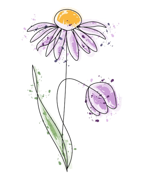 Vector ilustración abstracta lila acuarela flor de manzanilla contorno negro con manchas de acuarela