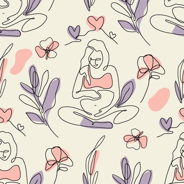 Ilustración abstracta de una línea: patrón sin costuras de una sola mujer embarazada lineal. ilustración vectorial