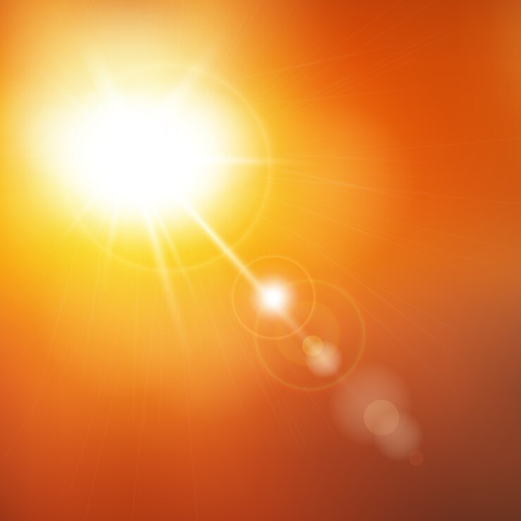 Vector ilustración abstracta de la luz del sol del verano. cielo de fondo amarillo soleado con luces defocused. efecto de luz especial de destello de lente solar.