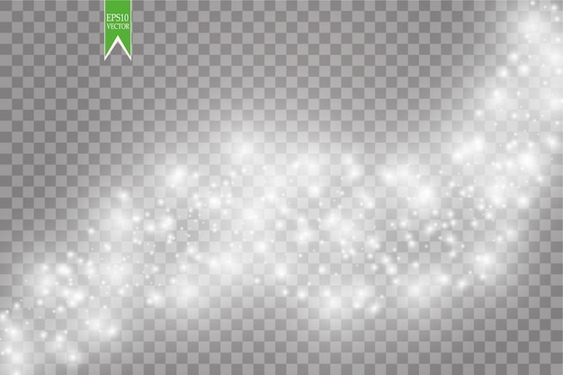 Ilustración abstracta de onda de brillo blanco. Rastro de polvo de estrellas blancas partículas brillantes aisladas sobre fondo transparente. Concepto mágico
