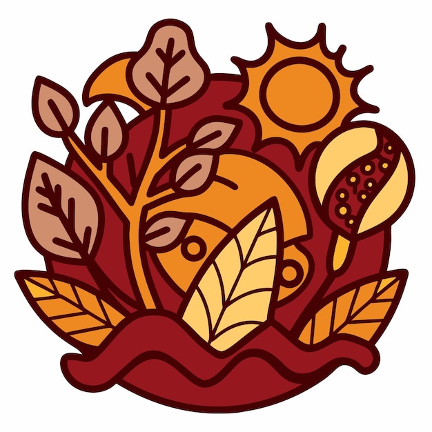 Ilustración abstracta de otoño con hojas de sol y una ola roja