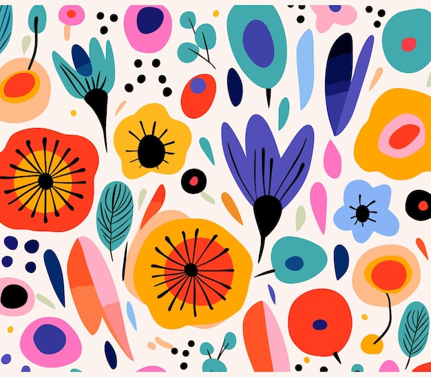 Ilustración abstracta en patrones de flores y hojas de estilo de dibujos animados