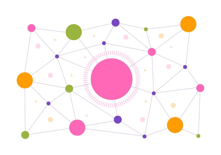 Vector ilustración abstracta de redes sociales con formas de círculos poligonales y puntos o líneas de conexión