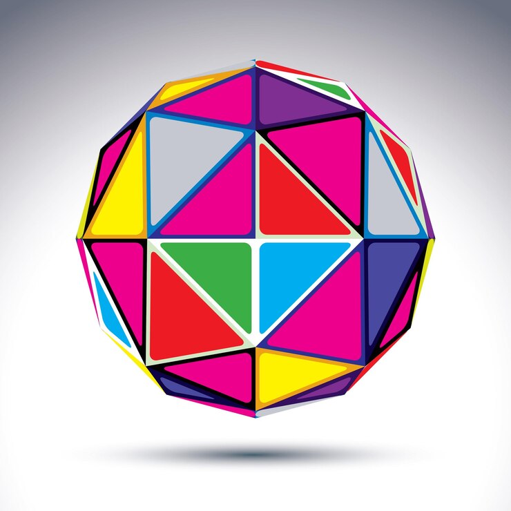 Vector ilustración abstracta de vector, bola de discoteca 3d aislada sobre fondo blanco. esfera colorida con triángulos rectangulares brillantes, efecto caleidoscopio.