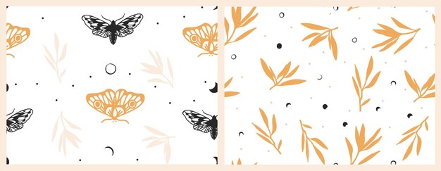 Ilustración abstracta de vector patrones sin fisuras con fases de la luna celestial estrellas de mariposa creciente formas de astrología místicas y simples Diseño de concepto de patrón de cielo nocturno Vector de luna y estrellas