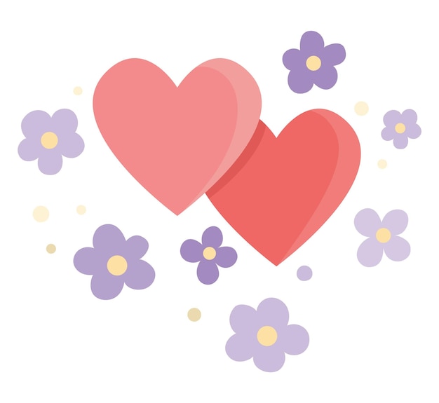 Ilustración abstracta vectorial con corazones rojos y flores púrpuras Lindo matrimonio de boda o símbolo de amor elemento de clip para la novia y el novio fondo de San Valentín de dibujos animados