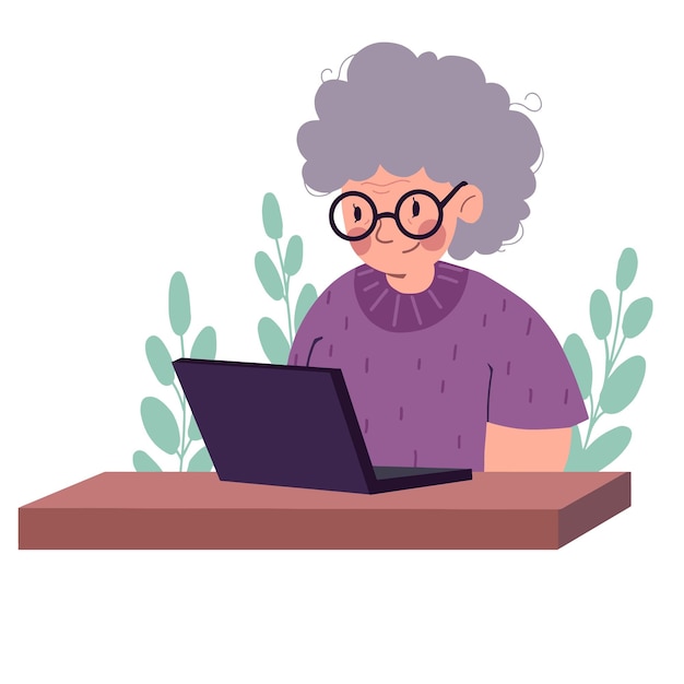 Vector ilustración de una abuela feliz con una computadora portátil, en colores pastel, trabajando en casa en un escritorio.