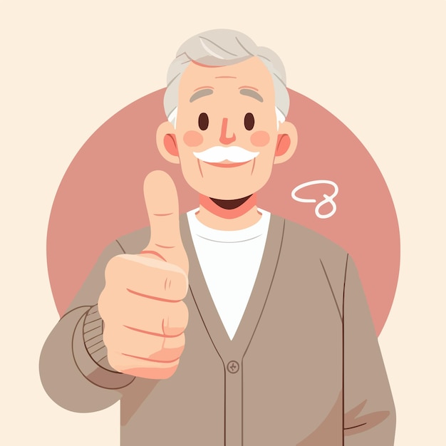 Vector ilustración de un abuelo dando un pulgar hacia arriba en un estilo de diseño plano