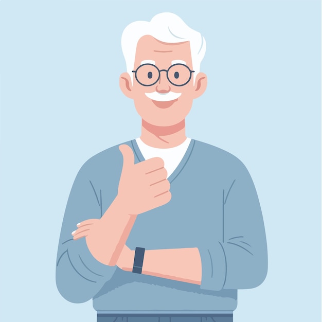 Vector ilustración de un abuelo dando un pulgar hacia arriba en un estilo de diseño plano