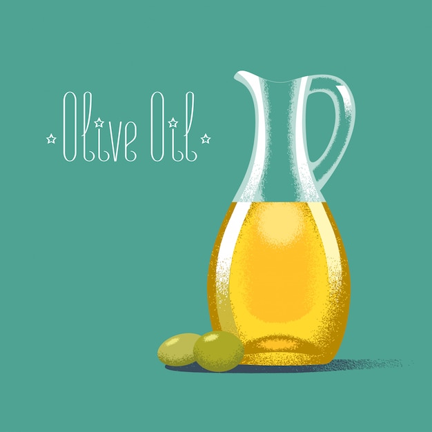 Vector ilustración de aceite de oliva, fondo. elemento de diseño con botella con aceite y aceitunas verdes.
