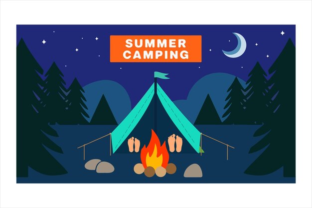 Ilustración acogedora de fogatas y tiendas de campaña para aventuras de campamento de verano
