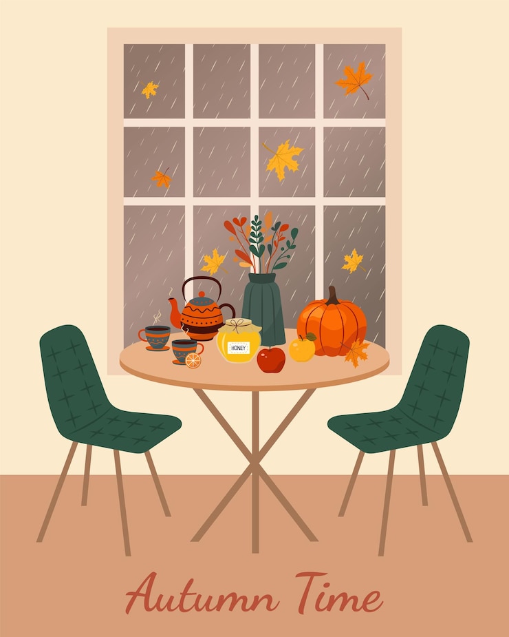 Vector ilustración acogedora de otoño sobre un fondo de otoño lluvioso
