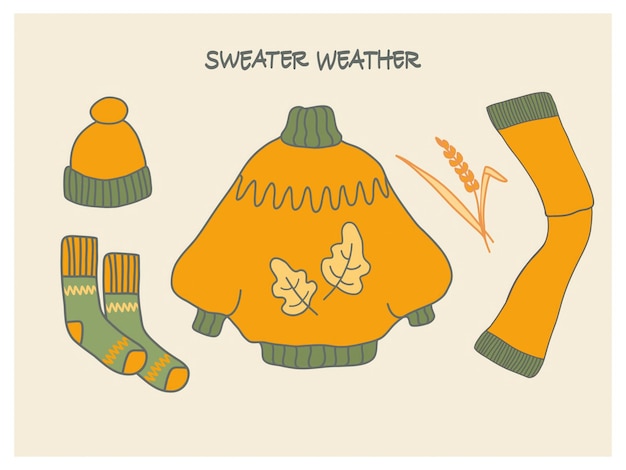 Ilustración acogedora de otoño con un suéter, sombrero, calcetines y calentadores de brazos con hojas de otoño