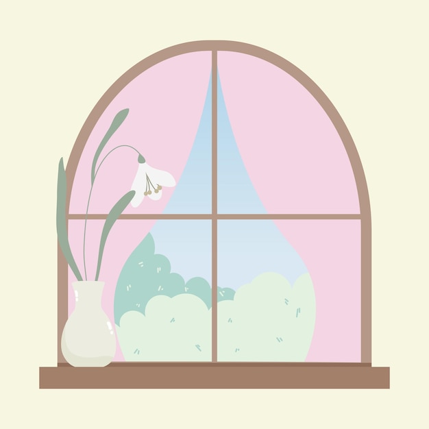 Ilustración acogedora de una ventana un jarrón de flores en el alféizar de la ventana