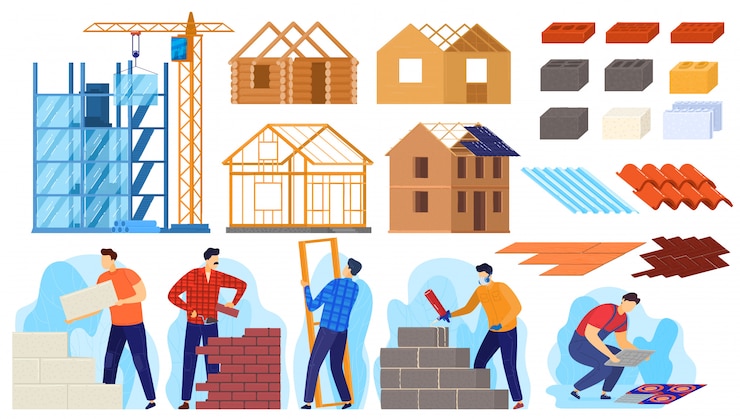 Vector ilustración de actividad de edificio de construcción, personajes de dibujos animados trabajadores activos construyen casa, constructores haciendo trabajo de construcción